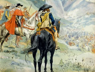 フランス史：三十年戦争中のマントヴァ継承戦争（1628-1631年）。ルイ13世（1601-1643年）とリシュリュー枢機卿（アルマン・ジャン・デュ・プレシ）を描いたパ・ド・シュズ（スーザ）の戦い