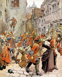 Les Dragonnades（1681-1685）：プロテスタントを改宗させることを課せられたドラゴンの部隊によるプロテスタントの家族の散り際。グスタフ・トゥトゥウェルブ作「Le Roy Soleil」（ルイ14世）のクロモグラフィー、モーリス・ルロワール（1853-1940）の挿絵