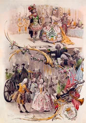 モーリス・ルロワール（1851-1940）が描いた衣装を着た舞踏会やガランテのシーンのイラストが入った結婚式のメニュー、1900年6月4日