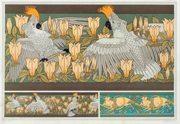 オウムとモクレンの壁紙ボーダーのデザイン、1897年刊