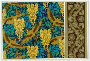 鳥と藤の吊り下げのデザインと、トカゲとツタ、パブの壁紙の境界線。 1897年。