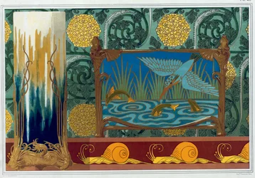 ブロンズ花瓶サポート、壁紙とボーダー、エナメルとブロンズ ジャルディニエール、パブのデザイン。 1897年。