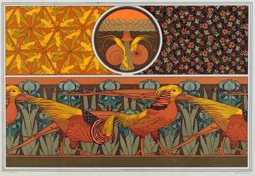 壁紙のボーダーとファブリックのデザイン: 鳥、てんとう虫、乙女の髪のシダ、パブ。 1897年。