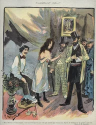 モーリス・ラディゲ（1866-1941）がフランスの雑誌『Le Rire』の1895年第46号に描いたイラスト「Flagrant Delit」（ムッシュー・コミッショナー、暑さ35度で安静にしていてはいけないというおかしな法律です）。