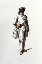 1570年のブリゲラのキャラクター。モーリス・サンド「仮面とジェスチャー」19世紀のパリ。(モーリス・サンドはジョージ・サンドの息子）。)