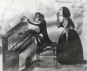 フランツ・リスト（1811-1886）とジョージ・サンド（1804-1876）の風刺画（1832年、ノアンにて） モーリス・サンド（1825-1889）が描いたもの。