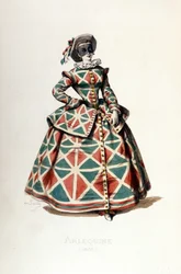 1855年のアルルカンの衣装と仮面、コメディア・デラルテにおける女性のアルルカン役。A・マンスーによる「Masques et Bouffons」からの版画、モーリス・サンド（1823-1889）による本文と素描、ジョルジュ・サンドによる序文