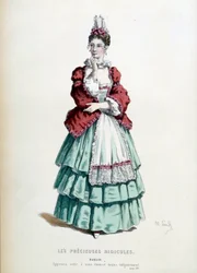 モーリス・サンド（1823-1889）が挿絵を描いたジャン・バティスト・ポケリン（モリエール）作の作品「Les precieuses ridicules」におけるマデロンの衣装。1868.パリ、フランスのコメディー