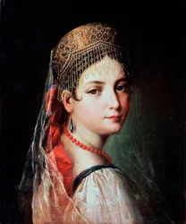 1820年代のサラファンとココシニクの若い女性の肖像画。