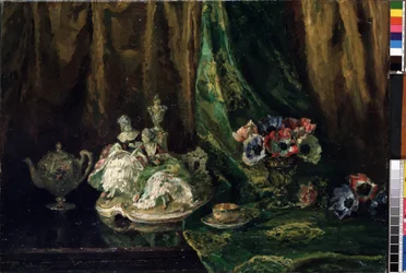 「磁器と花のある静物」 (磁器と花のある静物) マックス・ミュラー (1871-1938) の絵画 (ec. all.) キャンバスに油彩。 Mikalojus Konstantinas Ciurlionis Fine Arts Museum、カウナス、リトアニア