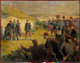 パリのコミューン：「1871年5月28日にヴェルサイユ宮殿で撃たれたウジェーヌ・ヴァルリン（1839-1871）の死」マクシミリアン・ルーチェ（1858-1941）の絵画 19世紀のパリ。芸術労働者の労働組合会議所