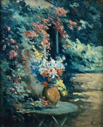 風景の中の花。風景の中の花の花束、