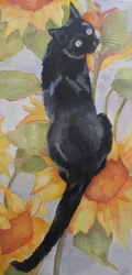 ヒマワリの中の黒猫