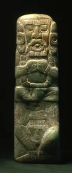 像はコパンの象形文字の階段を下って奉納され、後期クラシック時代（600-900）（翡翠）