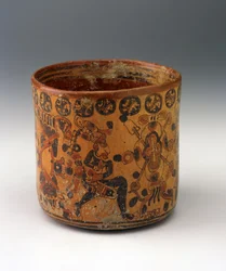 円筒形花瓶、650～850年頃（陶製、オレンジ色の上に赤と黒のスリップペイント
