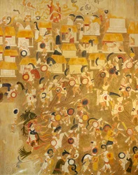 戦いの様子を描いたチチェン・イッツァ（メキシコ・ユカタン州）のマヤ絵画を復元したもの。マヤ文明。