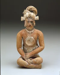 座ったひげを生やした男、後期クラシック時代、c.600-900（セラミックとペイント）