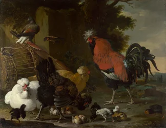 「雄鶏、雌鶏とひよこ」、1668-1670年頃、85.5 x 110センチメートル、ナショナル・ギャラリー、ロンドン