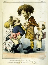 1867年にパリで行われたオペラ「ドン・カルロス」の後のジュゼッペ・ヴェルディとナポレオン3世の漫画。メルキオーレ・デルフィコによる風刺画。プリヴェ・ミラノ・コレクション