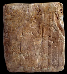 メソポタミア。アートシュメール：羽毛を持つキャラクター（紀元前2700年頃）ステロ古代ギルソウアルカイックシュメール時代-石灰岩。パリ、ルーヴル美術館（Musee Du Louvre