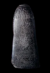 メソポタミア：マルドゥク・シャピク・ゼリ王（紀元前1082-1070年）の黒色石灰岩製クドゥル（バビロンのカッシート人支配者が親族や高官に行った土地寄進の証書として用いられた石碑）。碑文は楔形文字で記されている