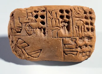 メソポタミア: 楔形文字銘文のある未焼成粘土板。シュメール地方。紀元前3300年。パリ、ルーヴル美術館