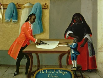 メキシコでの混血結婚のシリーズからのロボインディアン、彼の混血のアフリカの妻とその子供