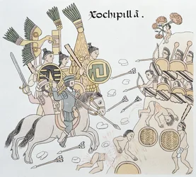 スペインとアステカの間のソチピラの戦い、メキシコインディアンの絵の歴史の複製からの図解1859年頃のリエンツォデトラスカラ