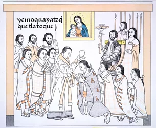ヘルナンドコルテス（1485-1547）の家の司祭から聖体拝領を受けた教会、メキシコインディアンの絵画の歴史リエンツォデトラスカラの複製（1550年、1892年）（カラーlit）