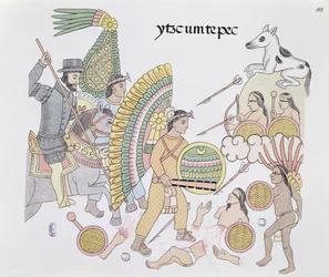 テノチティトランでの包囲下にあるヘルナンドコルテス（1485-1547）は、メキシコシティーの絵の歴史リエンツォデトラスカラの複製（1550年、1892年）（カラーリソ）の複製から、街を去ることを決意しました。