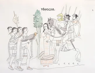 ヘルナンドコルテス（1485-1547）とアステカ人の出会い、メキシコインディアンの絵画史リエンツォデトラスカラの複製（1882年頃）のイラスト