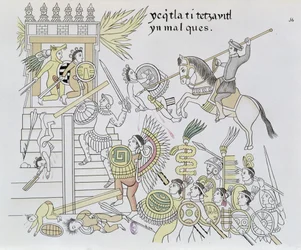 ヘルナンコルテスによるアイドルのバーニング、メキシコインディアンの絵の歴史の複製からの図解1550年のリエンツォデトラスカラ（1892年）（カラー彫刻）