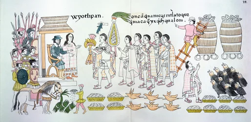 トラスカラン族の首長、マキシカッツインは、メキシコインディアンの絵の歴史の複製からの挿絵として、エルナンドコルテス（1485-1547）にバラの花束とその他の贈り物を贈呈します。