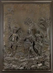 ストウのレリーフ。パルナッソスの丘に悲劇と喜劇の詩を導くマーキュリー」1740年頃（ライムウッドのブロンズ像