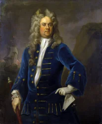 望遠鏡（遠景）を手にしたロバート・ハーランド船長（1680-1751年頃）の肖像。ミヒャエル・ダール（1659-1743）作、キャンバスに油彩、1707-1711年頃。