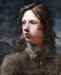 若い男、バストの長さ、グレーのジャケット、