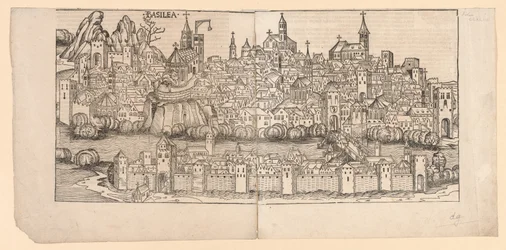 ニュルンベルク年代記：スイス、バーゼルの地形図、1493年。