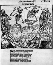 ハルトマン・シェデル（1440-1514）の「ニュルンベルク年代記」に登場する、骸骨が登場する不気味なダンスシーン（7月12日、ニュルンベルクでアントン・コベルガーが編集