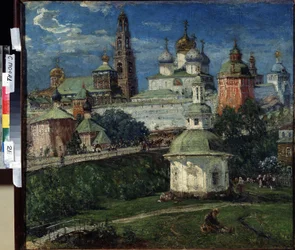 聖セルギウスの三位一体大修道院 (Trinite-Saint-Serge)、セルギエフ・ポサード (ロシア) (セルギエフ・ポサードのセルギウス三位一体大修道院)。 ミハイル・ヴァシリエヴィッチ・ボスキン（1875-1930）による絵画。 キャンバスに油彩、75 x 82 cm、1910年頃、ロシアの芸術。 州立野外博物館