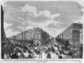 1878年のパリ、イタリアン大通りとテトブー通りの間に延長されたオスマン大通り、ルイ・デュモン（1822年生）による版画、19世紀後半