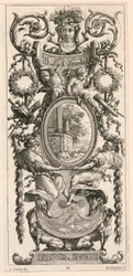 Livre de Diverses Grotesques peintes dans le Cabinet et Bains de la Reyne Regente、au Palais Royale から、葉が並ぶ頭が上にある装飾パネル、葉が並ぶ頭が上にある装飾パネルのプレート 11