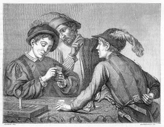詐欺師たち。1596年頃のカラヴァッジオ（il Caravaggio）の作品を描いた19世紀の彫刻。
