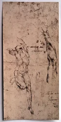 裸の男、腕の習作 ミケランジェロ・ブオナローティ（Michelangelo Buonarroti dit Michelangelo）によるドローイング（Michelangelo or Michel Ange