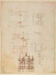 凱旋門の形での建築構成の研究、c.1516（紙にペンと茶色のインクが付いた黒いチョーク）（直腸）（詳細は191776を参照）