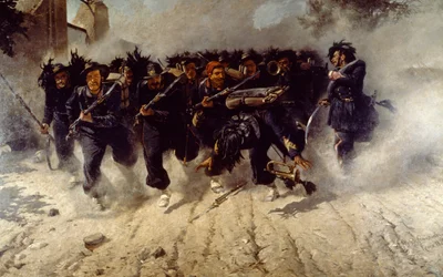 ミケーレ・カンマラーノ（1835-1920）作「ポルタ・ピアでのベルサグリエチャージ」、油彩・キャンバス、290x472 cm