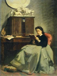ミケーレ・ゴルディジャーニ（1830-1909）作「読書する妻」、油彩・キャンバス、45x34cm