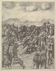 聖ペテロの磔刑、ミケランジェロのフレスコ画、バージニア州ポーリン礼拝堂、1550-60年。