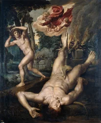 La mort de Abel - The Death of Abel - Peinture de Michiel Coxcie (Coxie, Coxien, De Coxien, Coxius, Van Coxcie) (1499-1592), 1539年以降 - 木に油彩