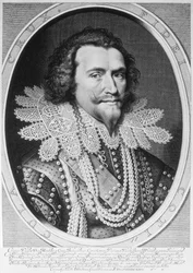 ウィレム・ヤコブスによって彫刻されたバッキンガム公爵（1592-1628）のジョージヴィリエの肖像画。デルフ（1580-1638）1626（彫刻）（白黒写真）