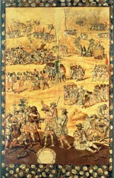エルナンド・コルテス (1485-1547) とモンテズマ (1466-1520) の出会い、メキシコ征服のパネル